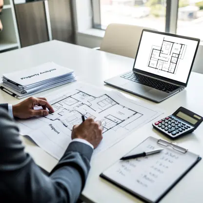 Real estate investor analyzing property floor plans on a desk with laptop, documents and calculator, modern office environment, strategic and professional atmosphere, natural light, high resolution
