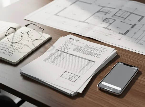 Close-up of real estate documents, notebook with handwritten notes, glasses and smartphone on a wooden desk, architectural plans in background, professional and analytical atmosphere, natural light, high resolution
