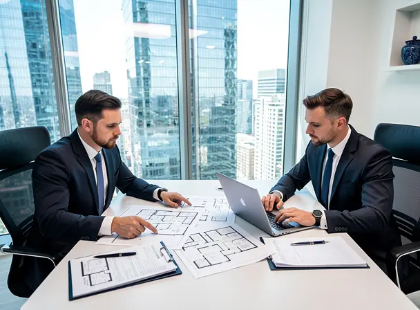 Two professional real estate consultants discussing property investment strategy at a modern office desk with floor plans and laptop, bright city view background, corporate and strategic atmosphere, high resolution
