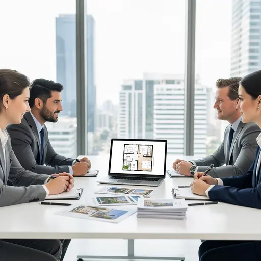 Real estate consultants meeting with clients in a modern office, discussing property investment strategy, laptop displaying apartment floor plan, professional atmosphere, bright natural light, city view in background, high resolution, clean corporate style
