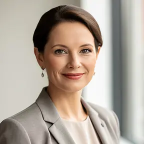 Professional female client headshot, elegant business clothing, friendly and trustworthy expression, neutral background, soft natural lighting, corporate photography style, high resolution
