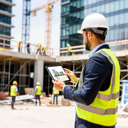 Real estate professional inspecting a modern building construction site with tablet, workers in background, focus on property development and asset valorization, professional atmosphere, high resolution
