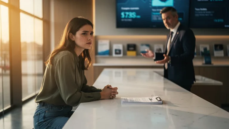 Femme face à un refus de domiciliation bancaire dans une agence moderne, expression de frustration et espoir