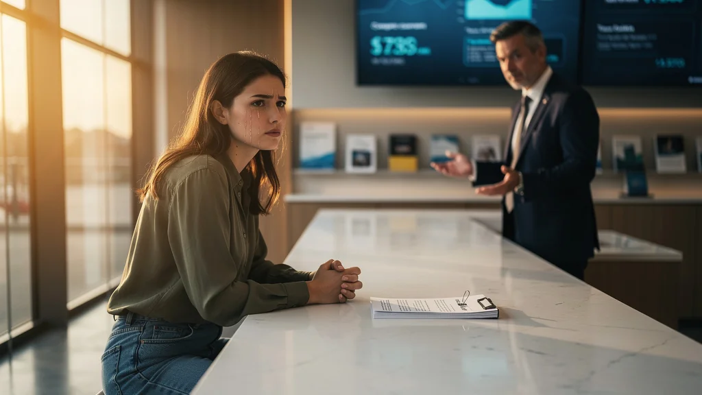 Femme face à un refus de domiciliation bancaire dans une agence moderne, expression de frustration et espoir