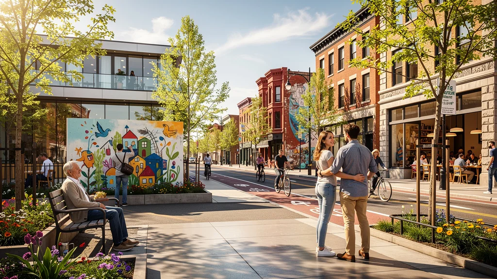 Quartier urbain vibrant en pleine transformation vers une attractivité croissante, ambiance optimiste et moderne
