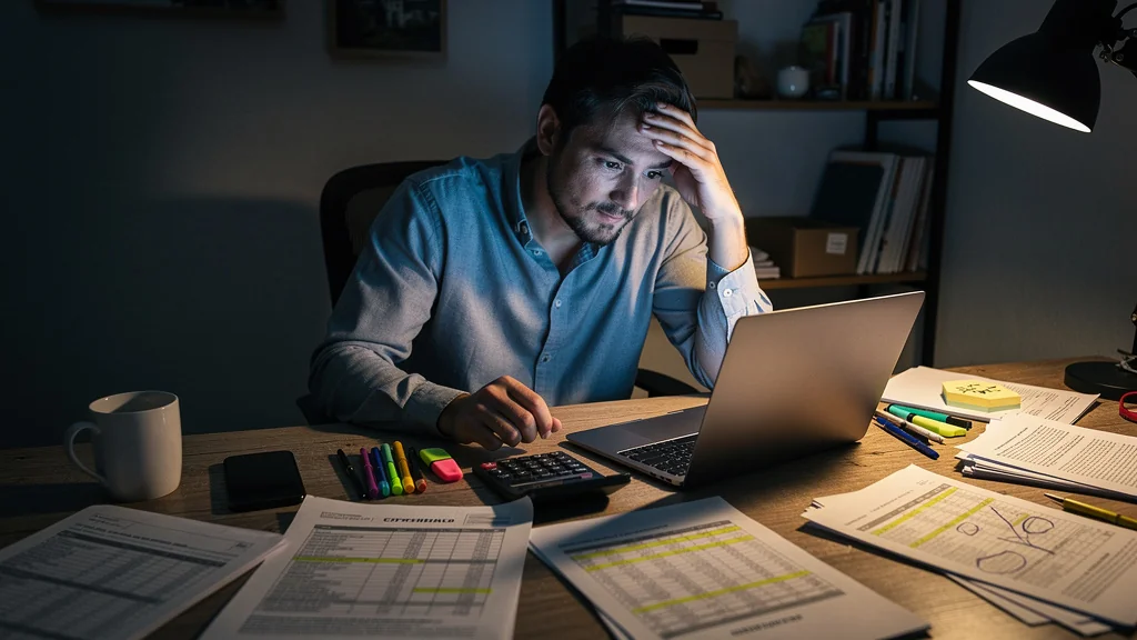 Homme épuisé devant un tableur comparant 4 régimes fiscaux sur une acquisition de 200 k€