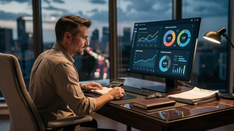 Tableau de bord patrimonial mensuel avec 4 KPI, analyste devant écran dans un bureau moderne