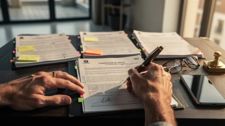 Lecture croisée d'un compromis de vente avec documents et stylo, illustrant le 2e alinéa qui coûte cher