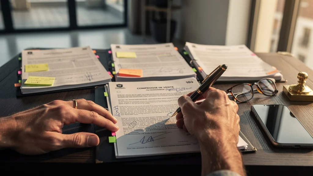 Lecture croisée d'un compromis de vente avec documents et stylo, illustrant le 2e alinéa qui coûte cher