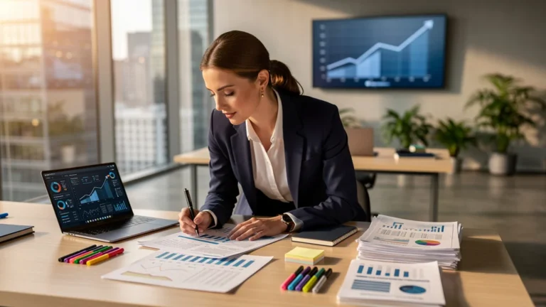 Femme préparant des tableaux de rendement avant visite, illustrant un changement professionnel majeur