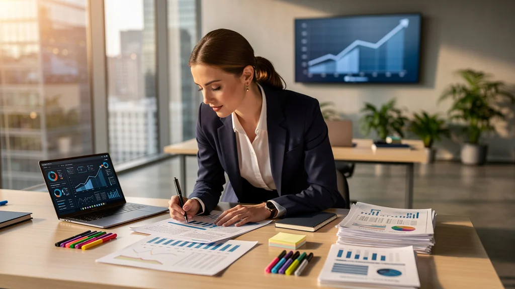 Femme préparant des tableaux de rendement avant visite, illustrant un changement professionnel majeur