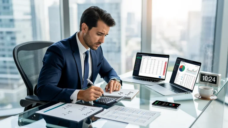 Homme analysant surpris les écarts entre trois courtiers sur un dossier financier comparatif