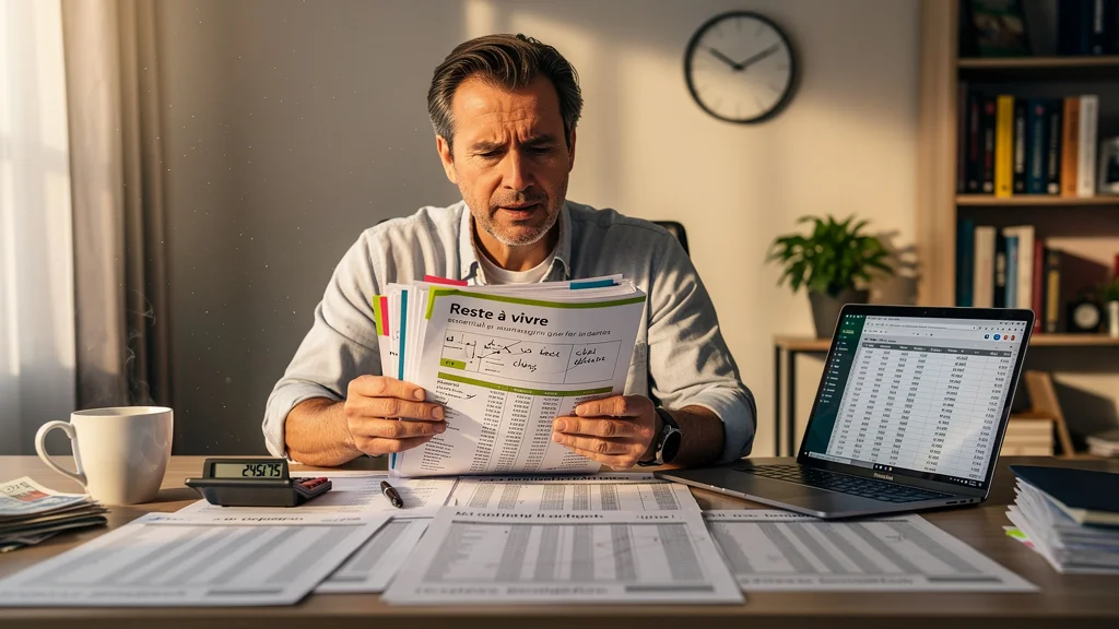 Personne concentrée examinant un dossier de financement révélant l'importance du reste à vivre