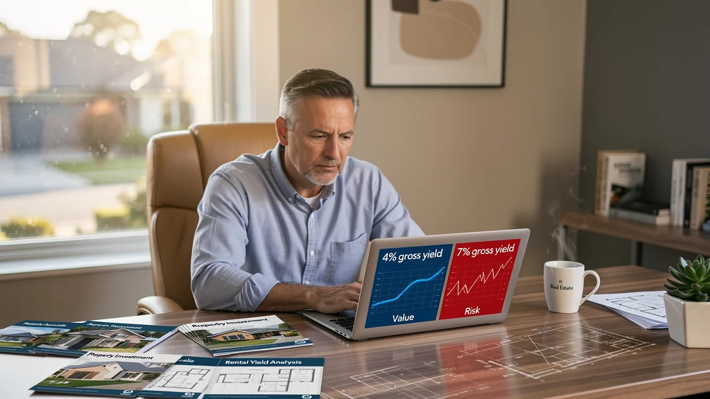 Homme réfléchissant à la valeur d'un bien immobilier à 4% de rendement brut dans un bureau moderne