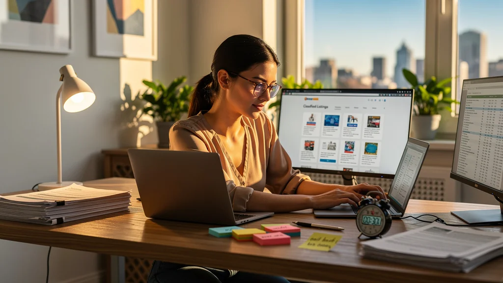 Femme concentrée triant rapidement 15 annonces en 30 minutes grâce à une méthode efficace