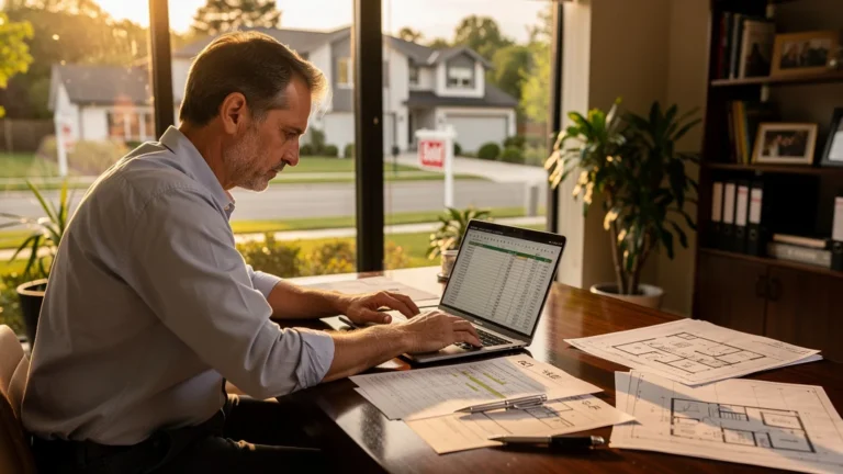 Photo réaliste d'un homme étudiant l'achat en SCI à l'IS comparé au régime micro-Foncier