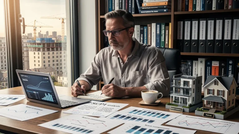 Homme analysant SCPI en direct et investissement locatif classique dans un bureau lumineux moderne