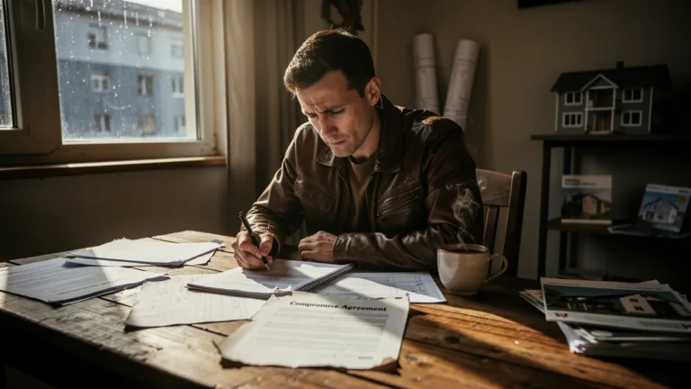 Homme regrette d'avoir signé un compromis sans clause suspensive de financement, ambiance dramatique et réaliste
