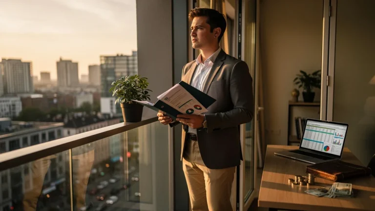 Jeune investisseur locatif découvre la vraie définition du cash-flow dans un appartement urbain moderne