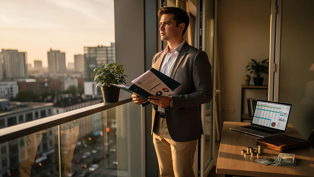 Jeune investisseur locatif découvre la vraie définition du cash-flow dans un appartement urbain moderne