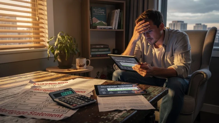 Homme préoccupé regrettant un crédit à 110% pour son premier investissement locatif en intérieur réaliste