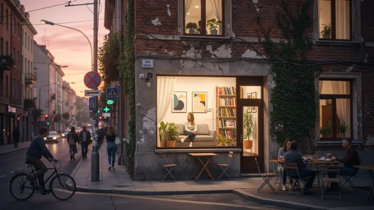 Appartement compact dans ville moyenne en 2026, ambiance urbaine chaleureuse et réaliste, préférences pour petites surfaces