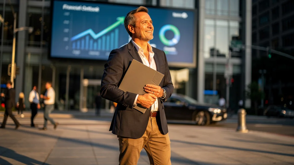 Homme victorieux célébrant l'assurance emprunteur déléguée devant une banque moderne en lumière dorée