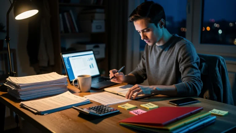 Préparer mon dossier bancaire sans courtier, ambiance de travail nocturne et documents financiers