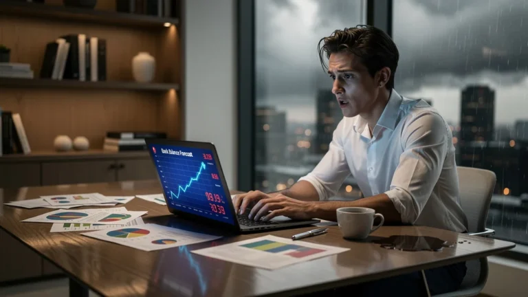 Homme surpris devant ordinateur découvrant sa simulation bancaire trop optimiste, expression de choc et déception