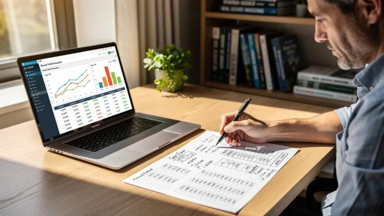 Test d’un simulateur de rendement locatif gratuit face à une méthode manuelle sur 10 ans en bureau moderne