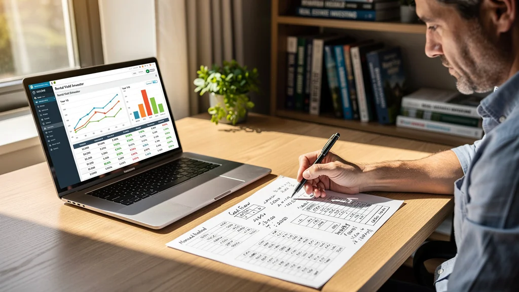 Test d’un simulateur de rendement locatif gratuit face à une méthode manuelle sur 10 ans en bureau moderne
