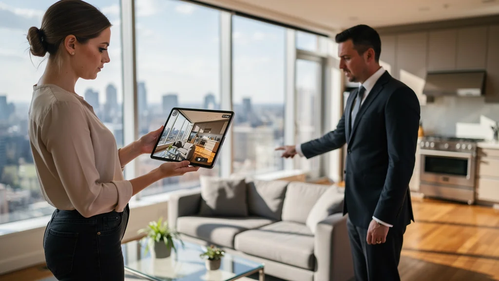 Comparaison réaliste entre visite virtuelle et visite physique d’un appartement moderne lumineux