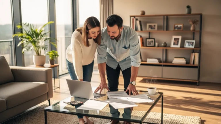 Jeune couple planifiant sa capacité d'emprunt avant leur première offre immobilière en intérieur lumineux