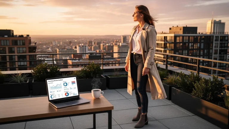 Femme réfléchissant à investir seule ou attendre d’acheter à deux après cinq ans, vue urbaine au coucher du soleil
