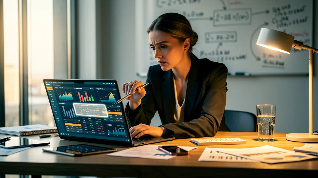 Femme analysant un tableur d’effet de levier sur trois montages financiers avec concentration et lumière naturelle