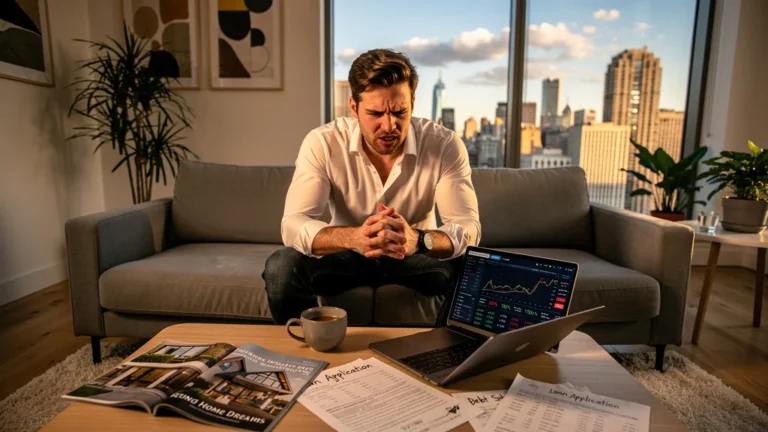 Homme stressé réalisant que son taux d'endettement bloque son deuxième achat immobilier