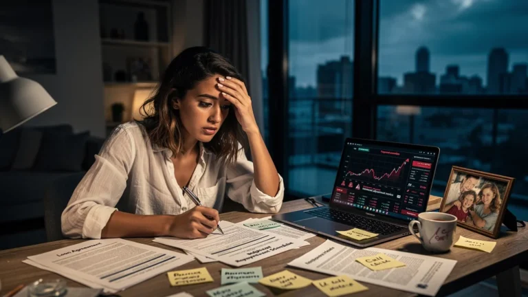 Femme sous pression financière pendant six mois à cause d’un prêt relais mal calibré, stress intense à son bureau