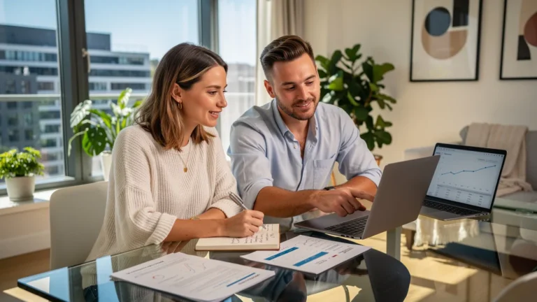 Jeune couple examinant leurs premiers documents d’investissement à deux, symbolisant un tournant dans leurs décisions