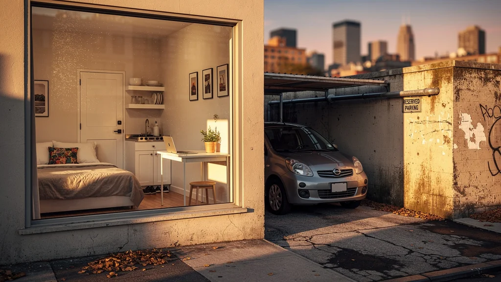 Studio et place de parking pour premier investissement immobilier urbain, contraintes révélées en photo réaliste