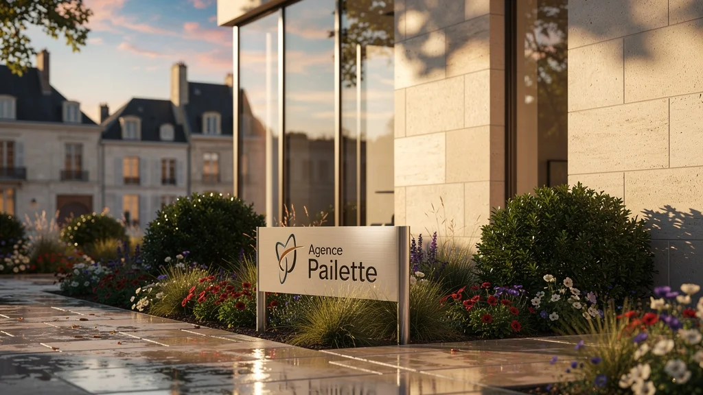 Façade moderne de l'agence Paillette à Beauvais au coucher du soleil, ambiance professionnelle et chaleureuse