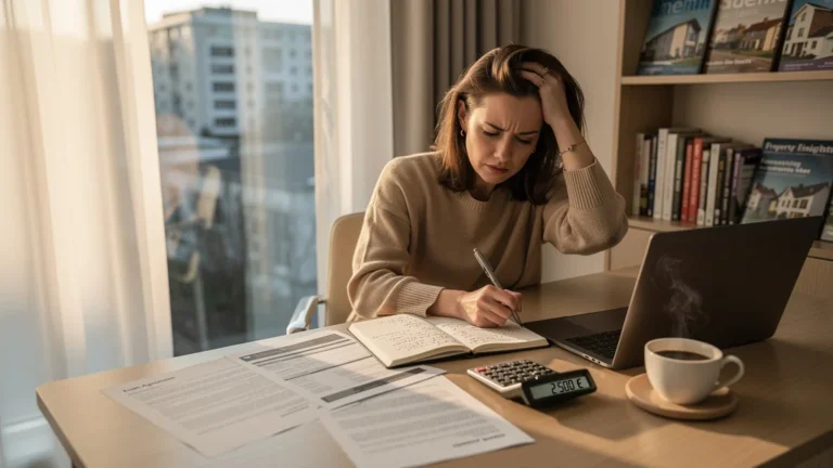 Femme rédactrice immobilier stressée par un prêt retardé ayant coûté 2 500 € de plus