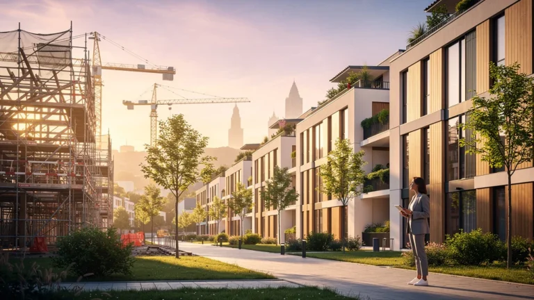 Vue urbaine hyperréaliste illustrant la construction et le logement au coucher du soleil, ambiance chaleureuse et moderne