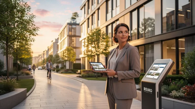 Photo réaliste d’une professionnelle de l’immobilier dans un quartier urbain moderne, Bouko immobilier 2024