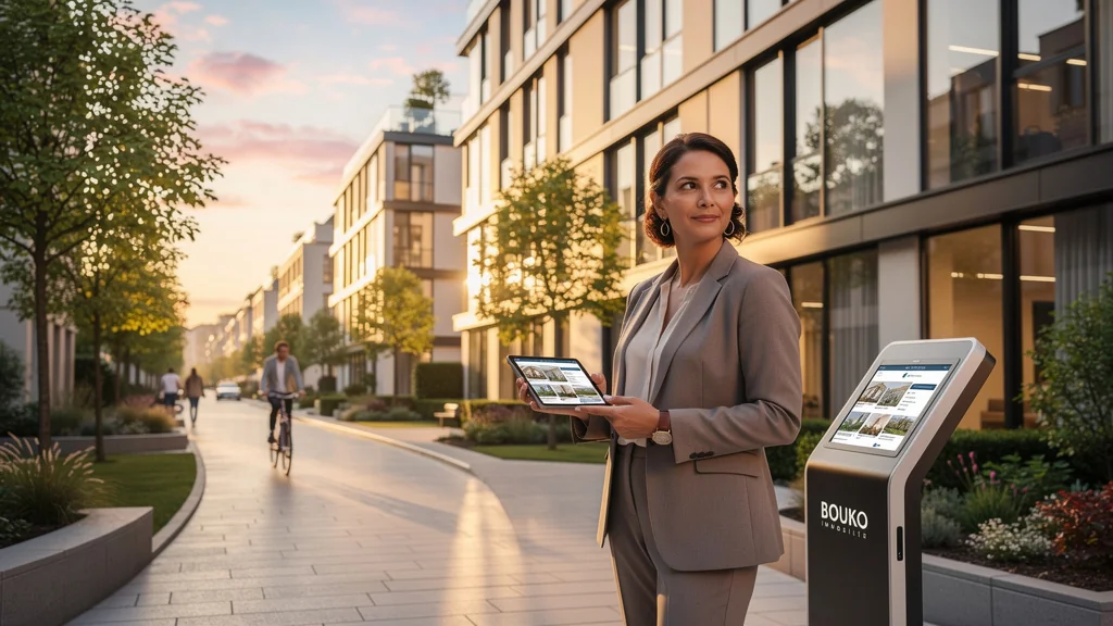 Photo réaliste d’une professionnelle de l’immobilier dans un quartier urbain moderne, Bouko immobilier 2024