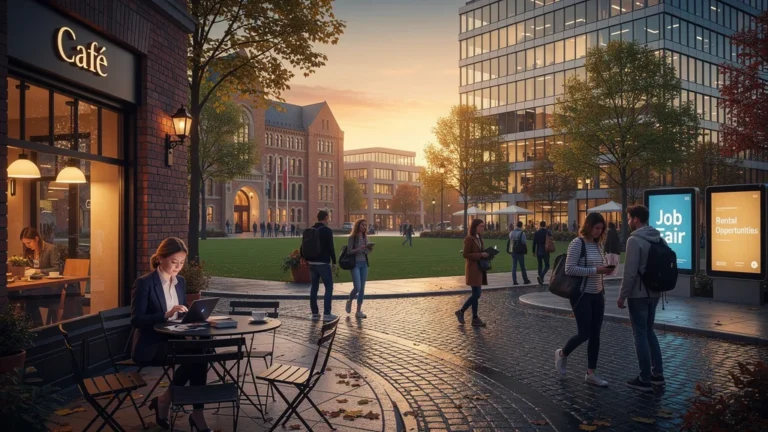 Paysage urbain réaliste d’une ville étudiante dynamique avec bureaux et étudiants à louer