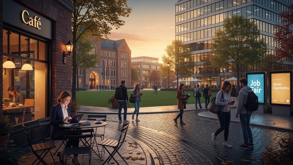 Paysage urbain réaliste d’une ville étudiante dynamique avec bureaux et étudiants à louer