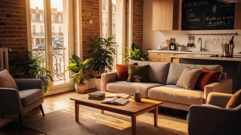 Intérieur d’une colocation moderne et chaleureuse à Lyon baigné de lumière naturelle dorée