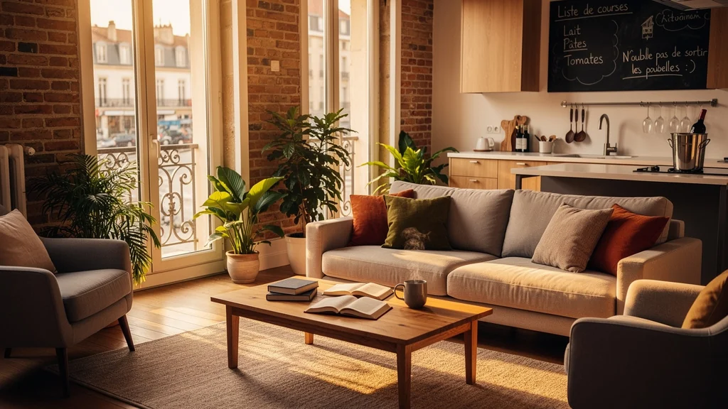 Intérieur d’une colocation moderne et chaleureuse à Lyon baigné de lumière naturelle dorée