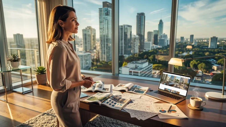 Portrait hyperréaliste d'une rédactrice immobilière devant une vue urbaine moderne, ambiance matinale et professionnelle