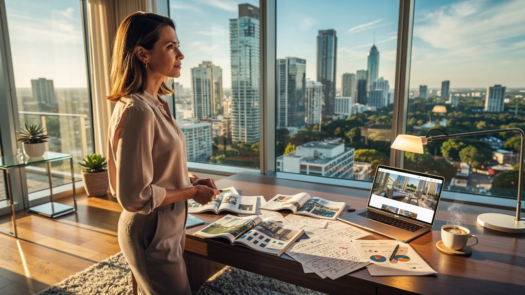 Portrait hyperréaliste d'une rédactrice immobilière devant une vue urbaine moderne, ambiance matinale et professionnelle